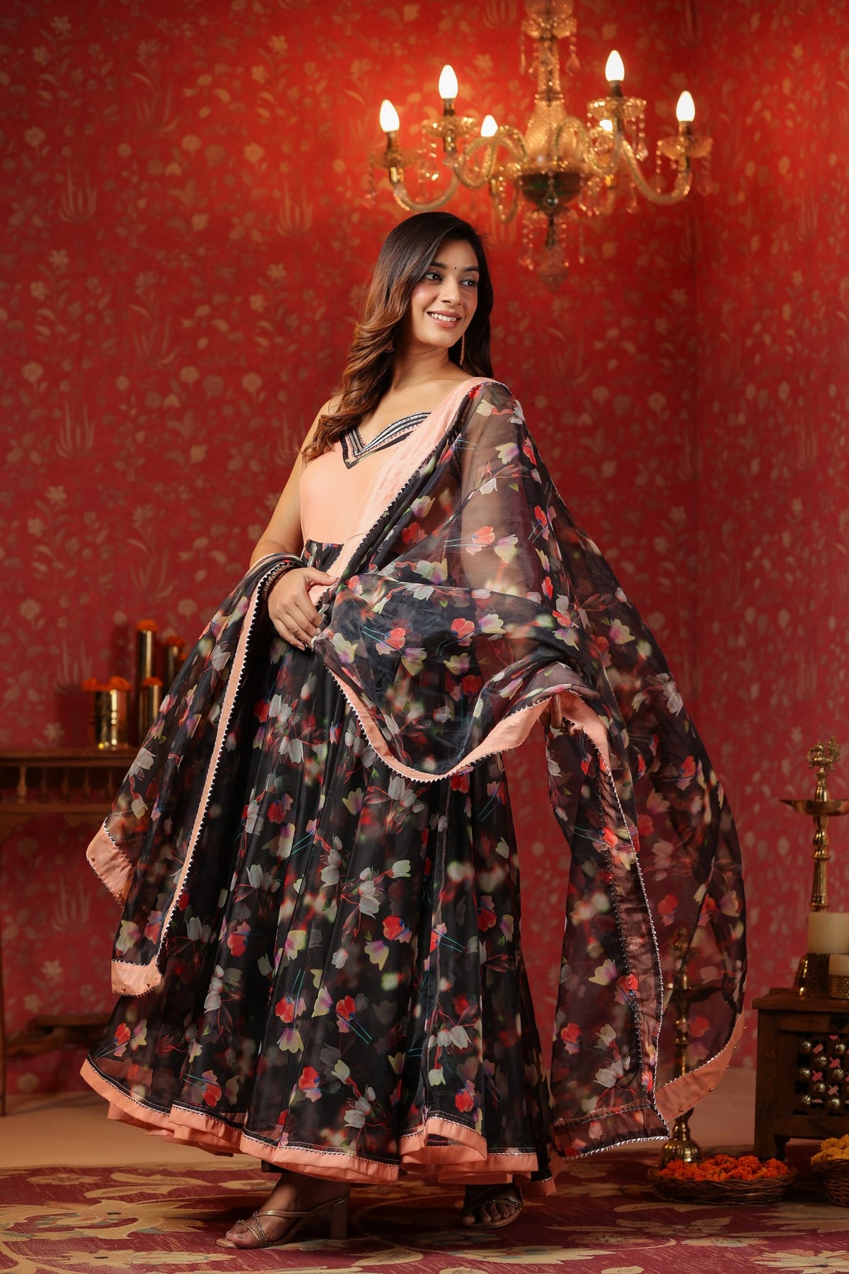 Black Organza Anarkali  Sleeveless Set Of 3