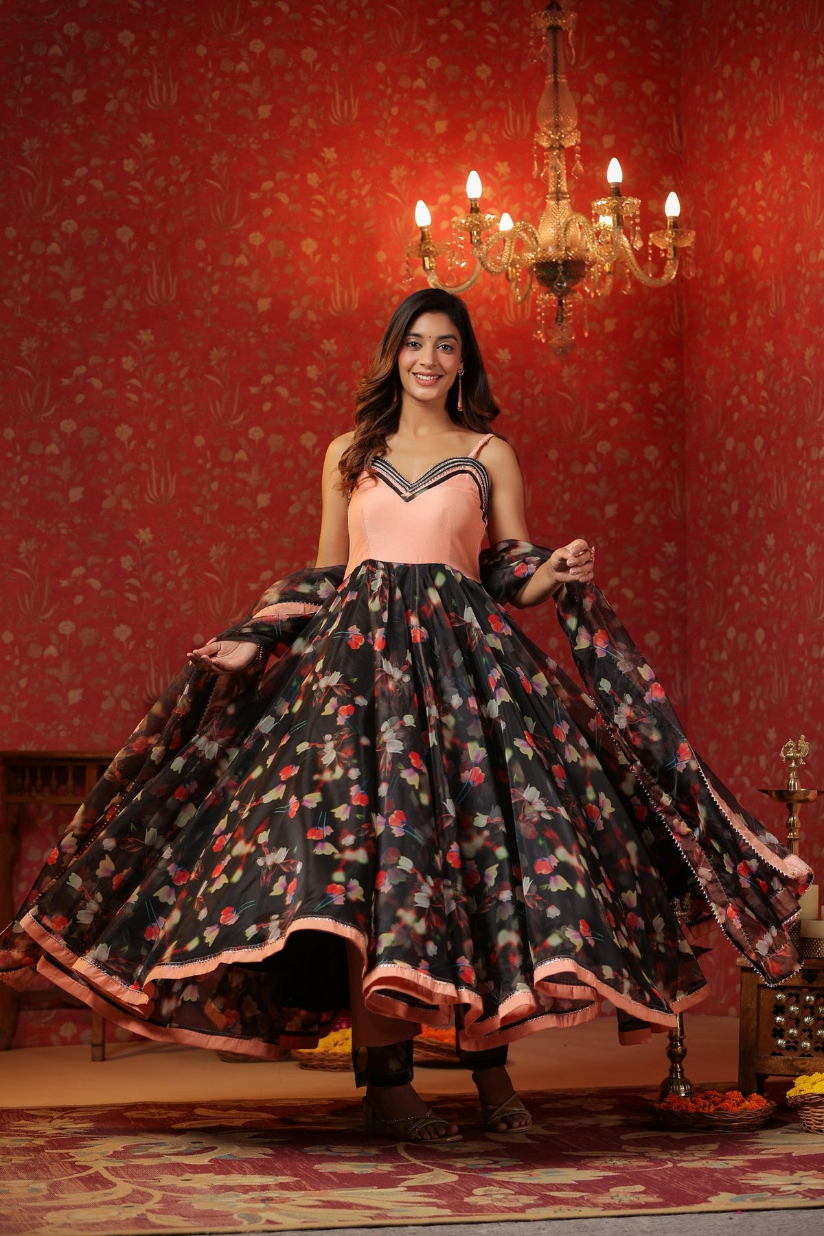 Black Organza Anarkali  Sleeveless Set Of 3
