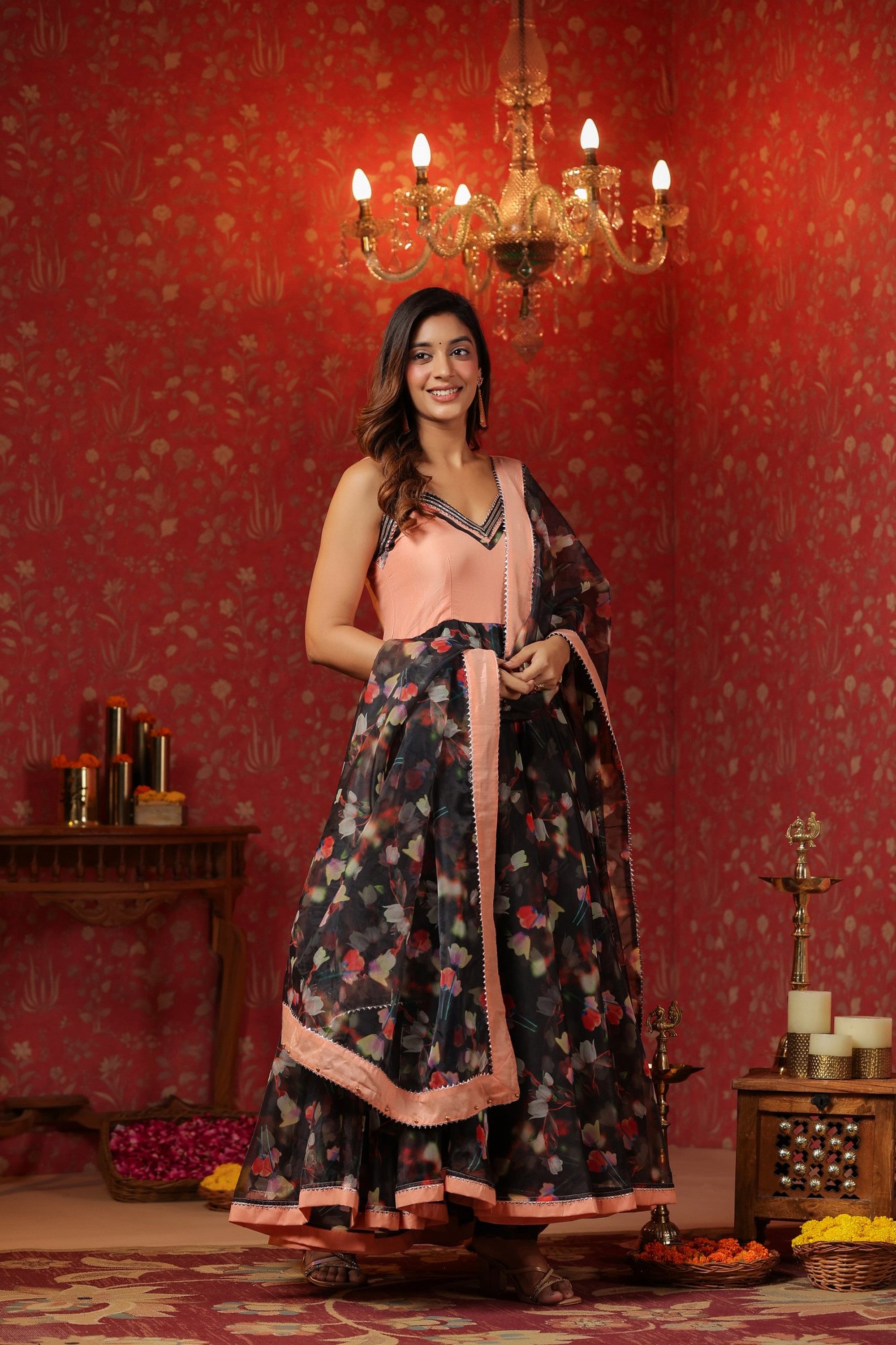 Black Organza Anarkali  Sleeveless Set Of 3