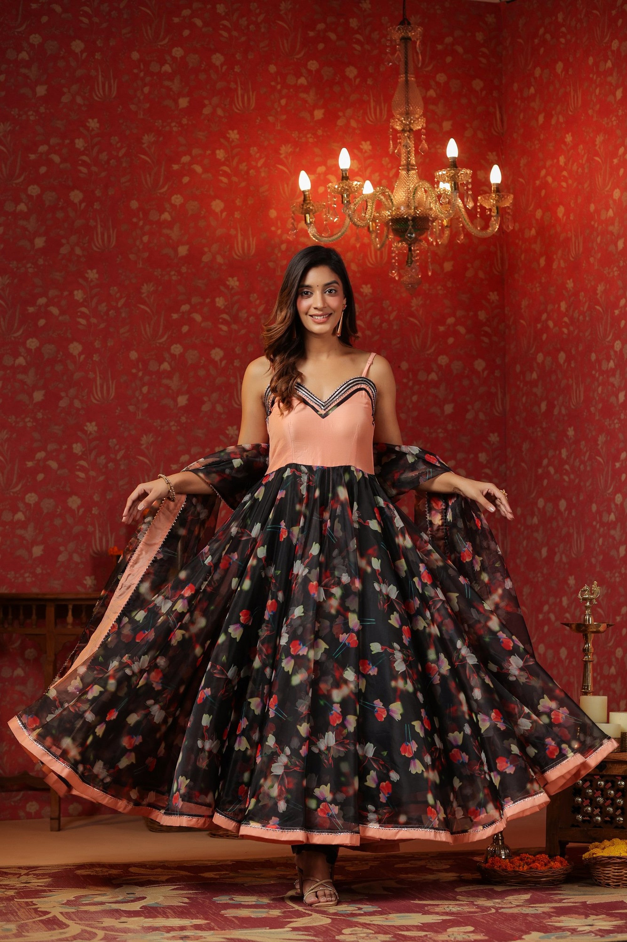 Black Organza Anarkali  Sleeveless Set Of 3