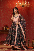 Black Organza Anarkali  Sleeveless Set Of 3