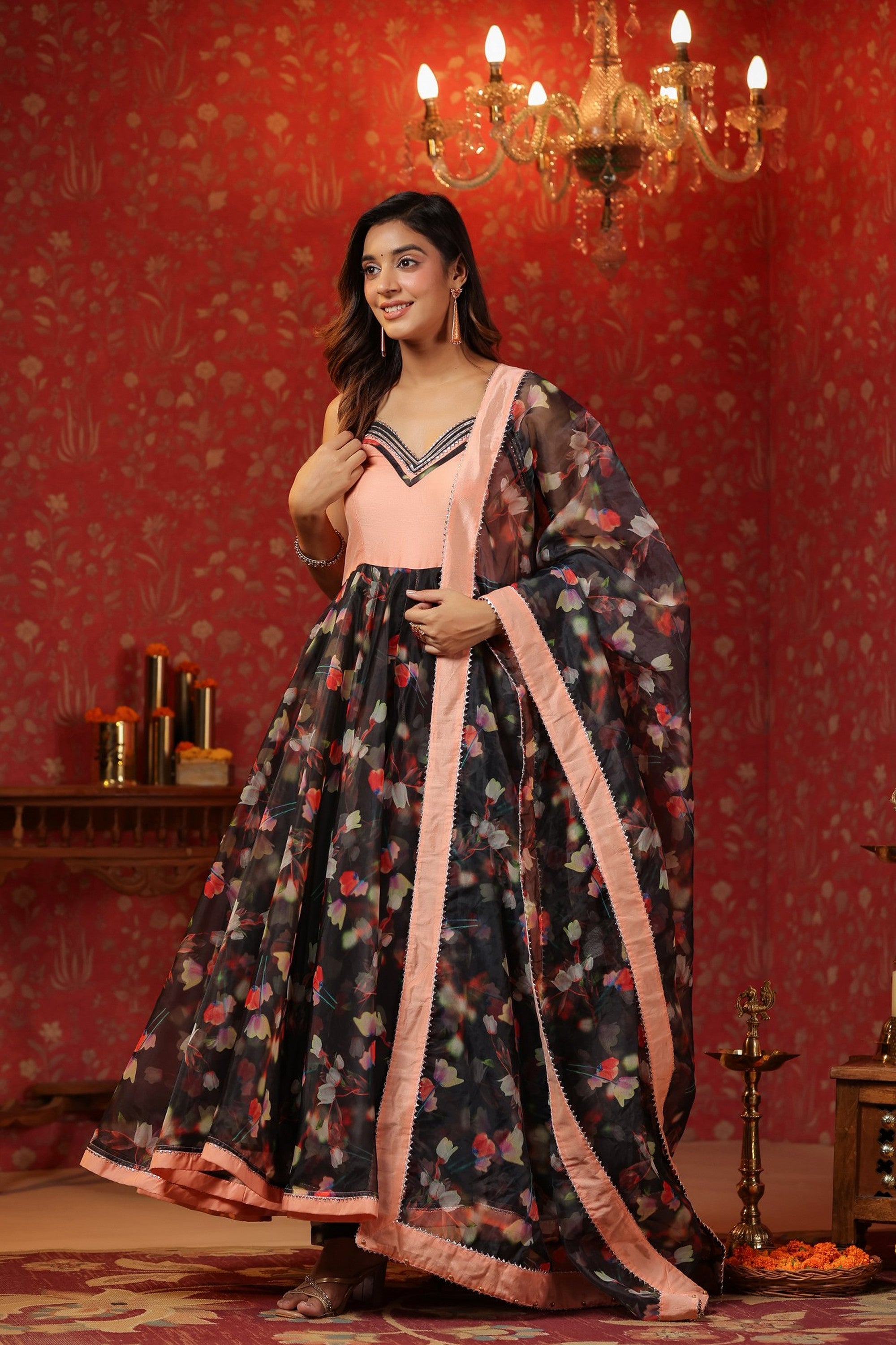 Black Organza Anarkali  Sleeveless Set Of 3