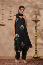 Black Organza Brush Print Stright Kurta Set With Embroidery Duptta Set Of 3