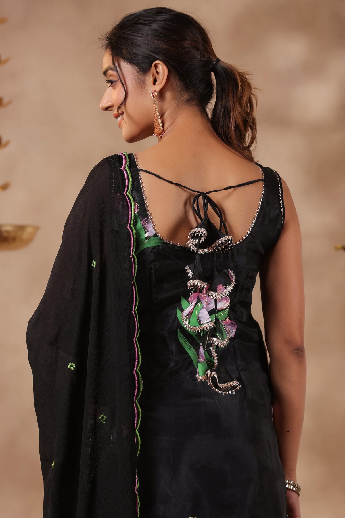 Black Organza Brush Print Stright Kurta Set With Embroidery Duptta Set Of 3