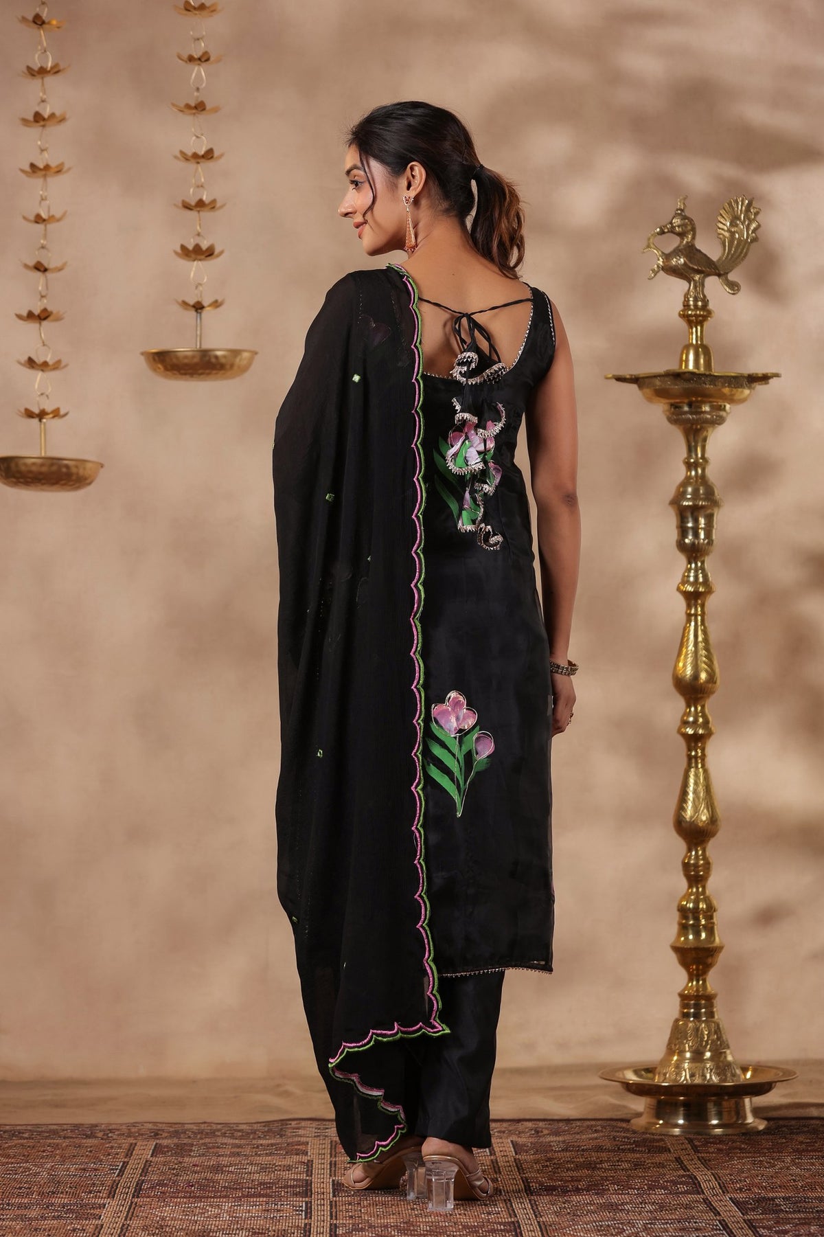 Black Organza Brush Print Stright Kurta Set With Embroidery Duptta Set Of 3