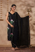 Black Organza Brush Print Stright Kurta Set With Embroidery Duptta Set Of 3