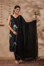 Black Organza Brush Print Stright Kurta Set With Embroidery Duptta Set Of 3