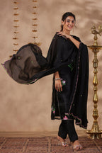 Black Organza Brush Print Stright Kurta Set With Embroidery Duptta Set Of 3