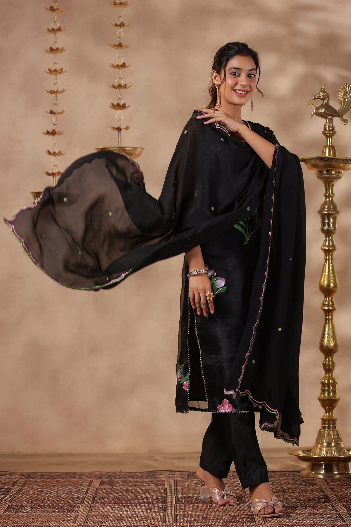 Black Organza Brush Print Stright Kurta Set With Embroidery Duptta Set Of 3