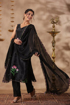 Black Organza Brush Print Stright Kurta Set With Embroidery Duptta Set Of 3