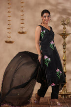 Black Organza Brush Print Stright Kurta Set With Embroidery Duptta Set Of 3