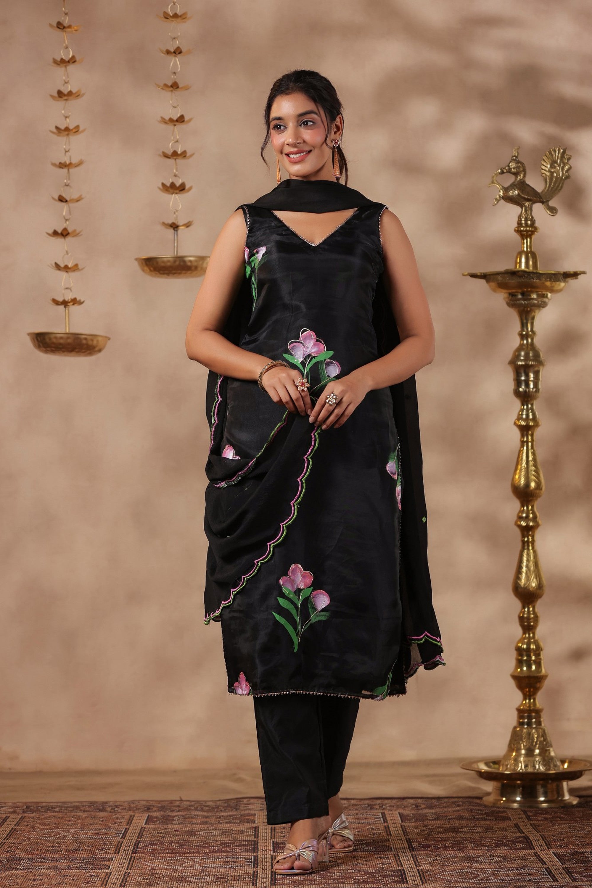 Black Organza Brush Print Stright Kurta Set With Embroidery Duptta Set Of 3