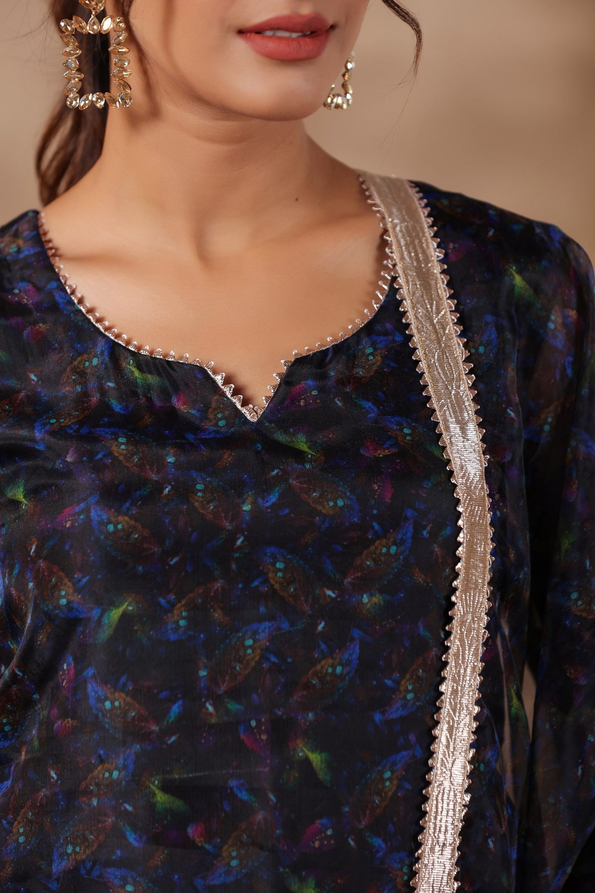 Black Organza Printed Stright Kurta Set Of 3