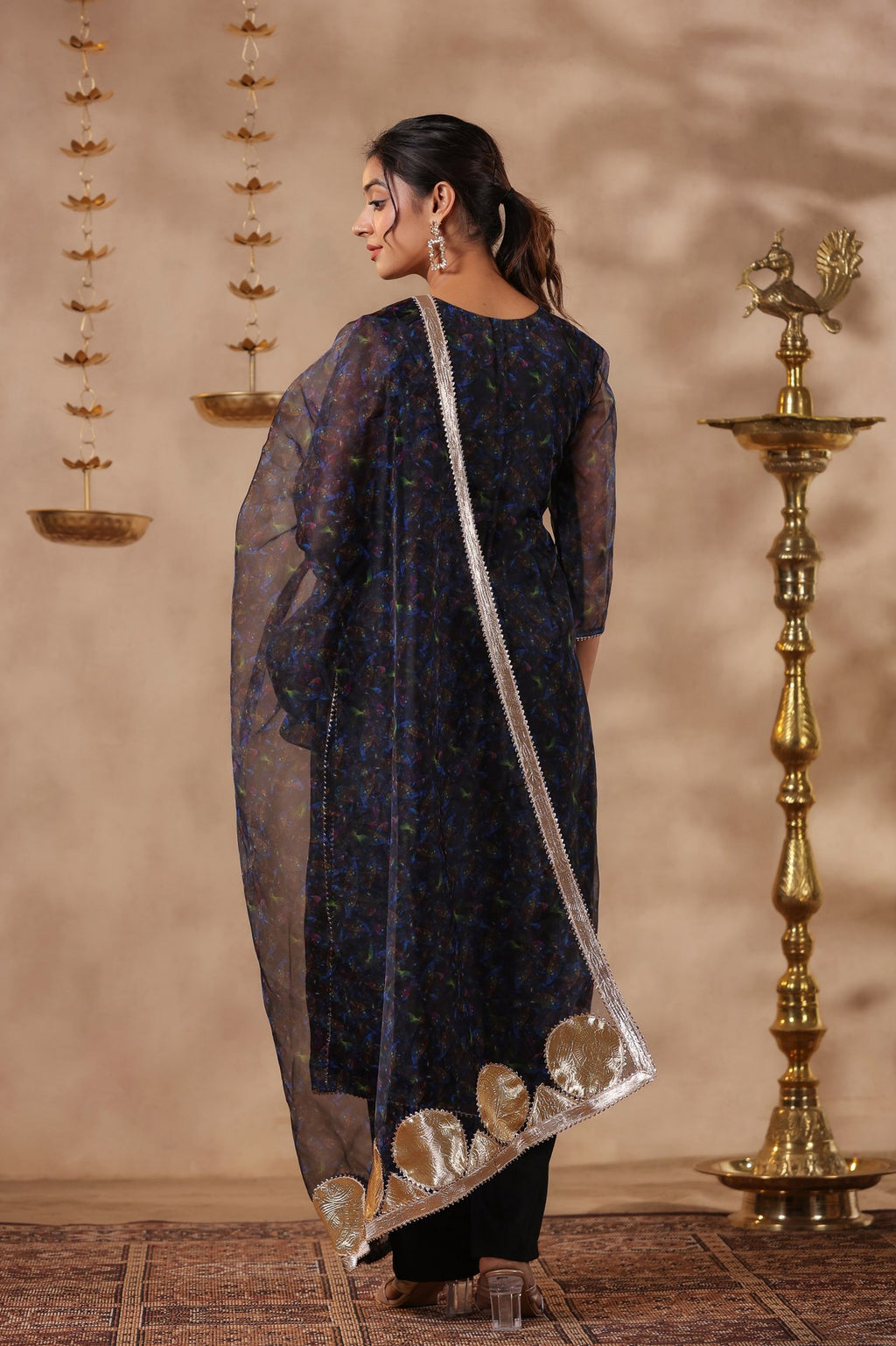 Black Organza Printed Stright Kurta Set Of 3