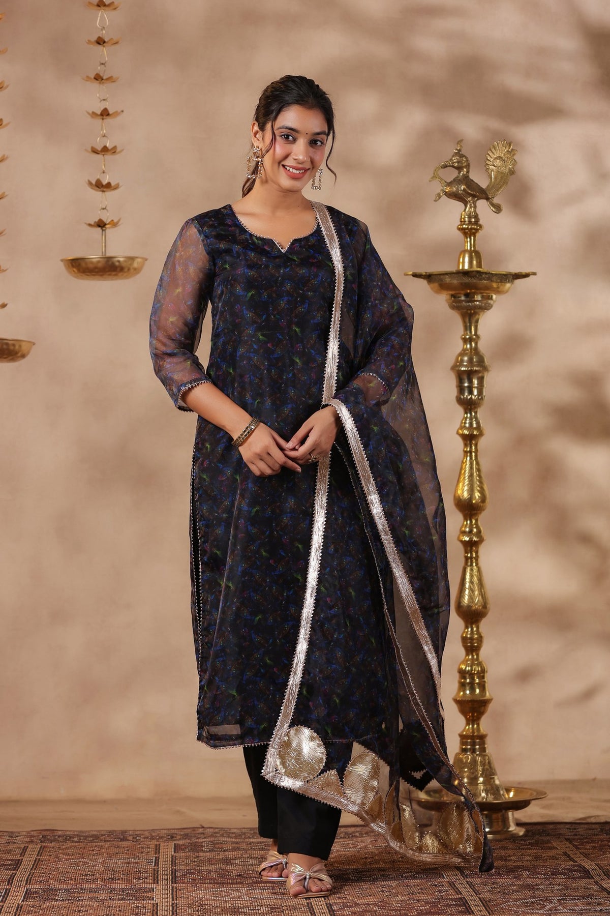 Black Organza Printed Stright Kurta Set Of 3