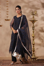 Black Organza Printed Stright Kurta Set Of 3