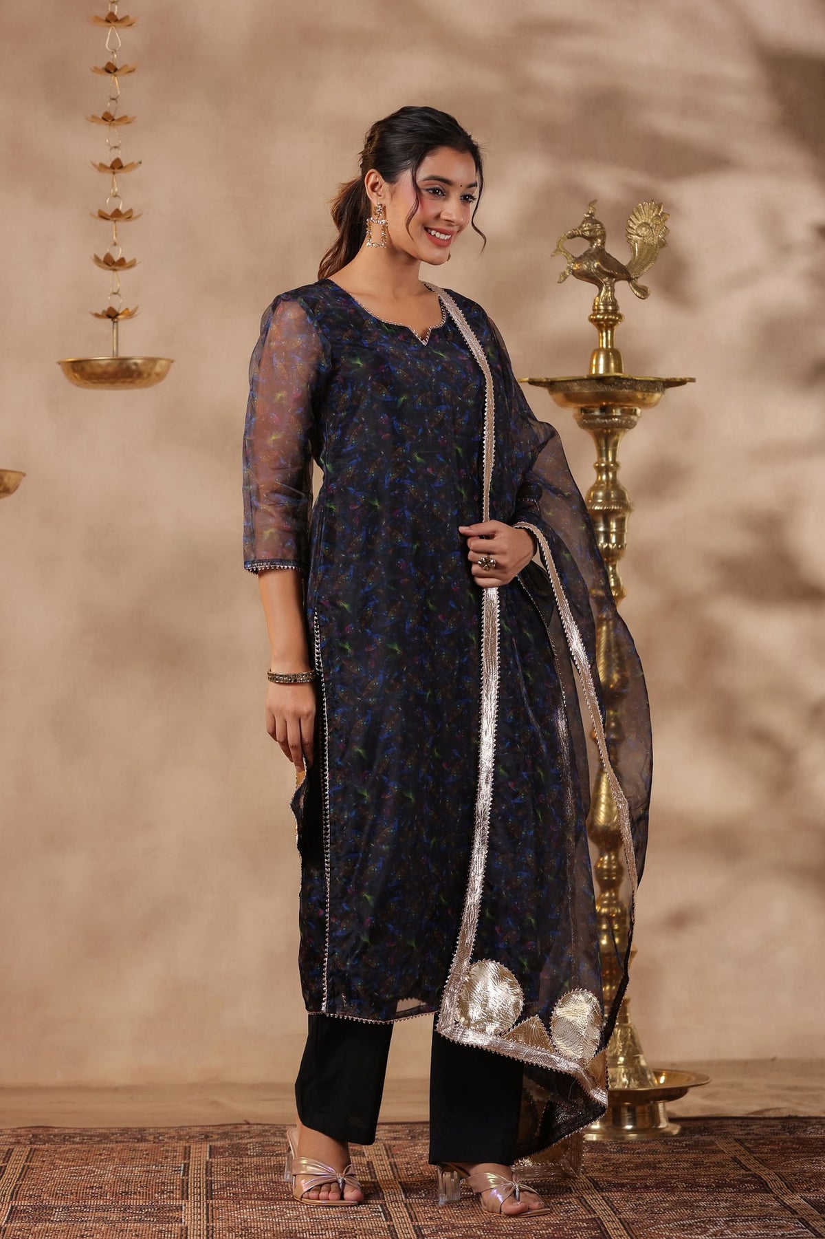 Black Organza Printed Stright Kurta Set Of 3