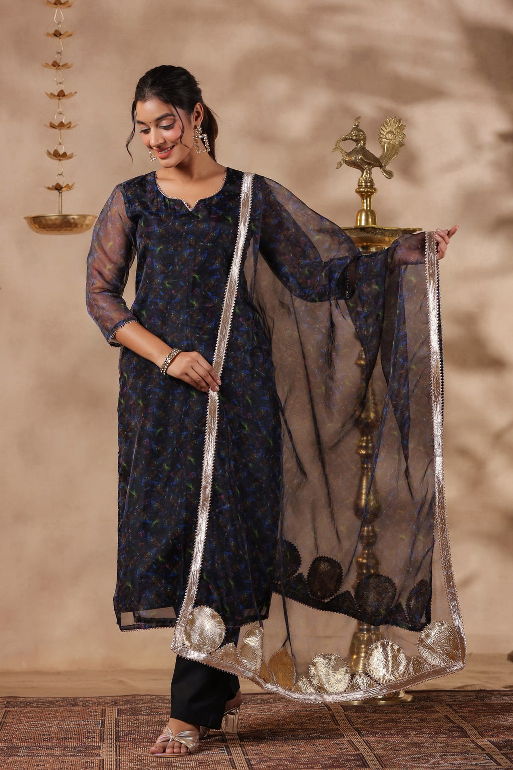 Black Organza Printed Stright Kurta Set Of 3
