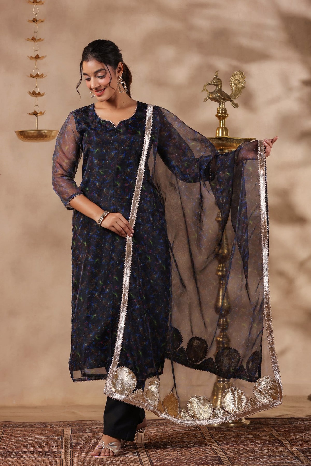 Black Organza Printed Stright Kurta Set Of 3