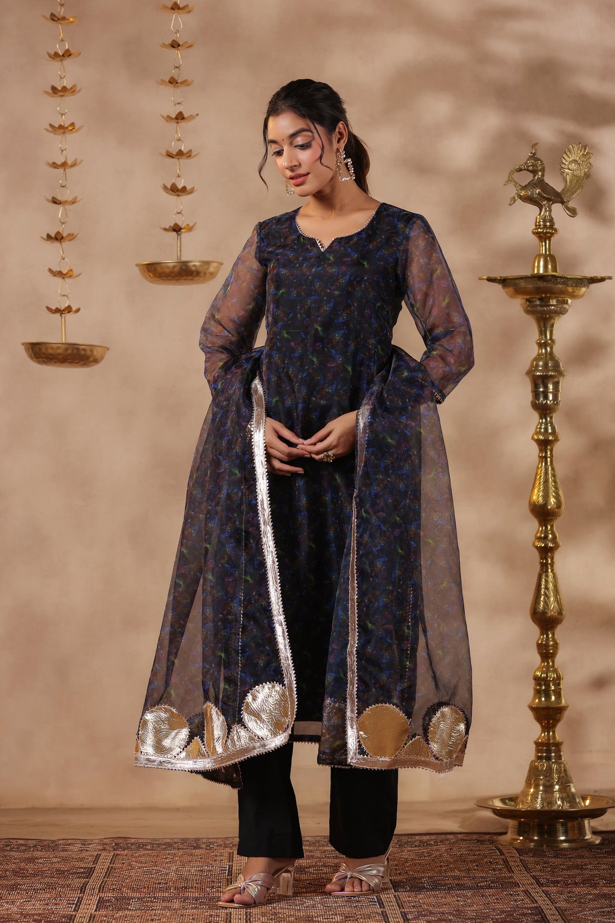 Black Organza Printed Stright Kurta Set Of 3