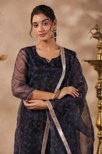Black Organza Printed Stright Kurta Set Of 3
