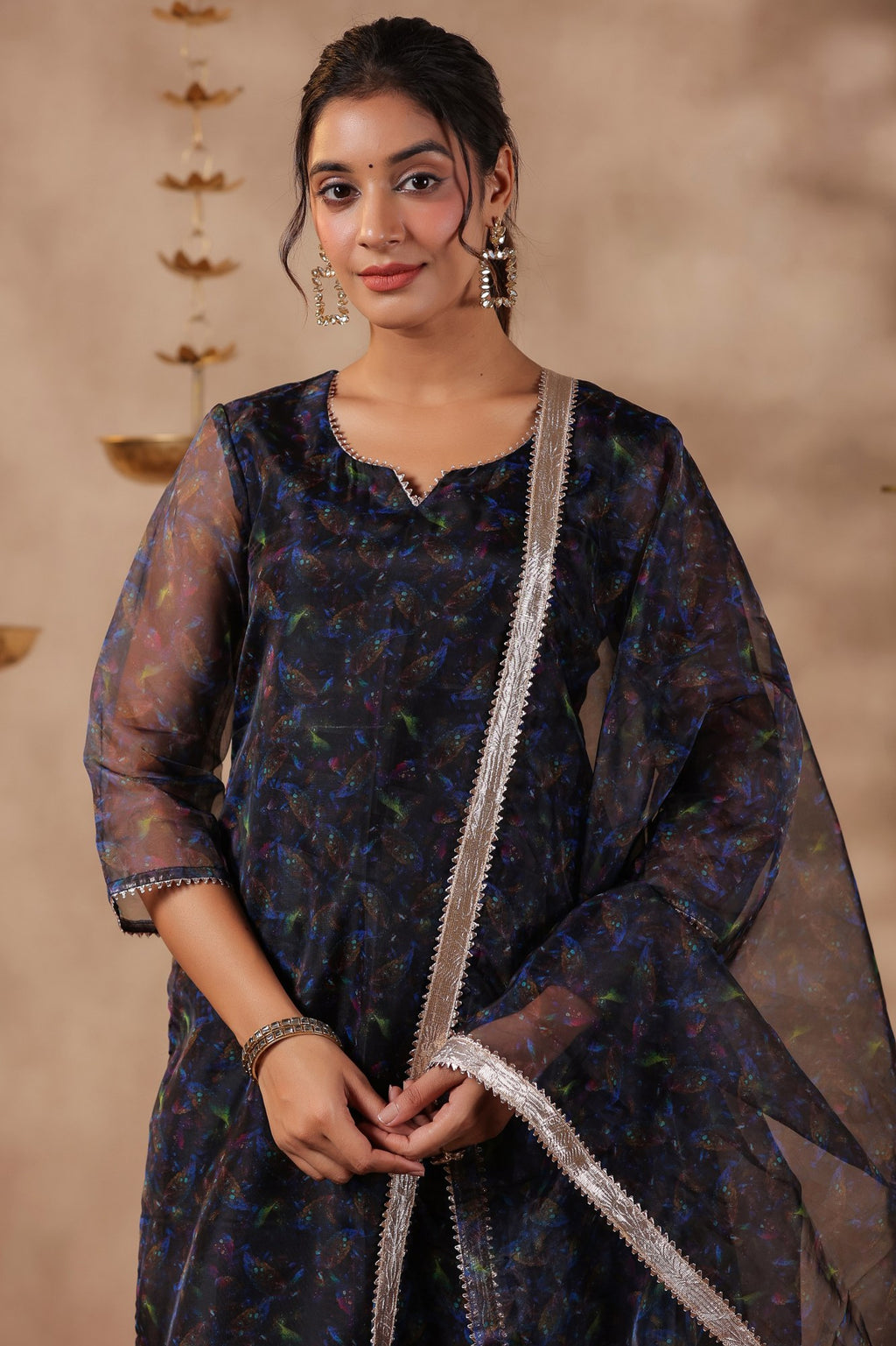 Black Organza Printed Stright Kurta Set Of 3