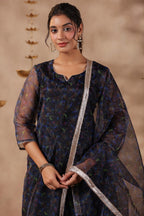 Black Organza Printed Stright Kurta Set Of 3