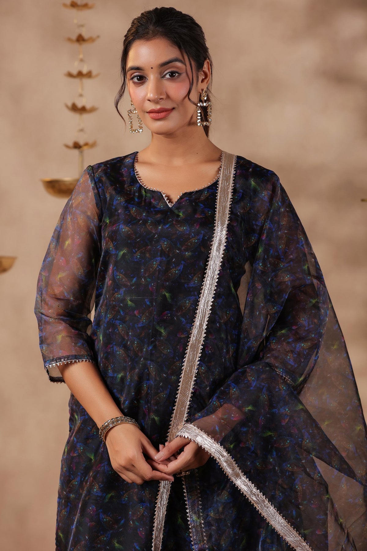 Black Organza Printed Stright Kurta Set Of 3