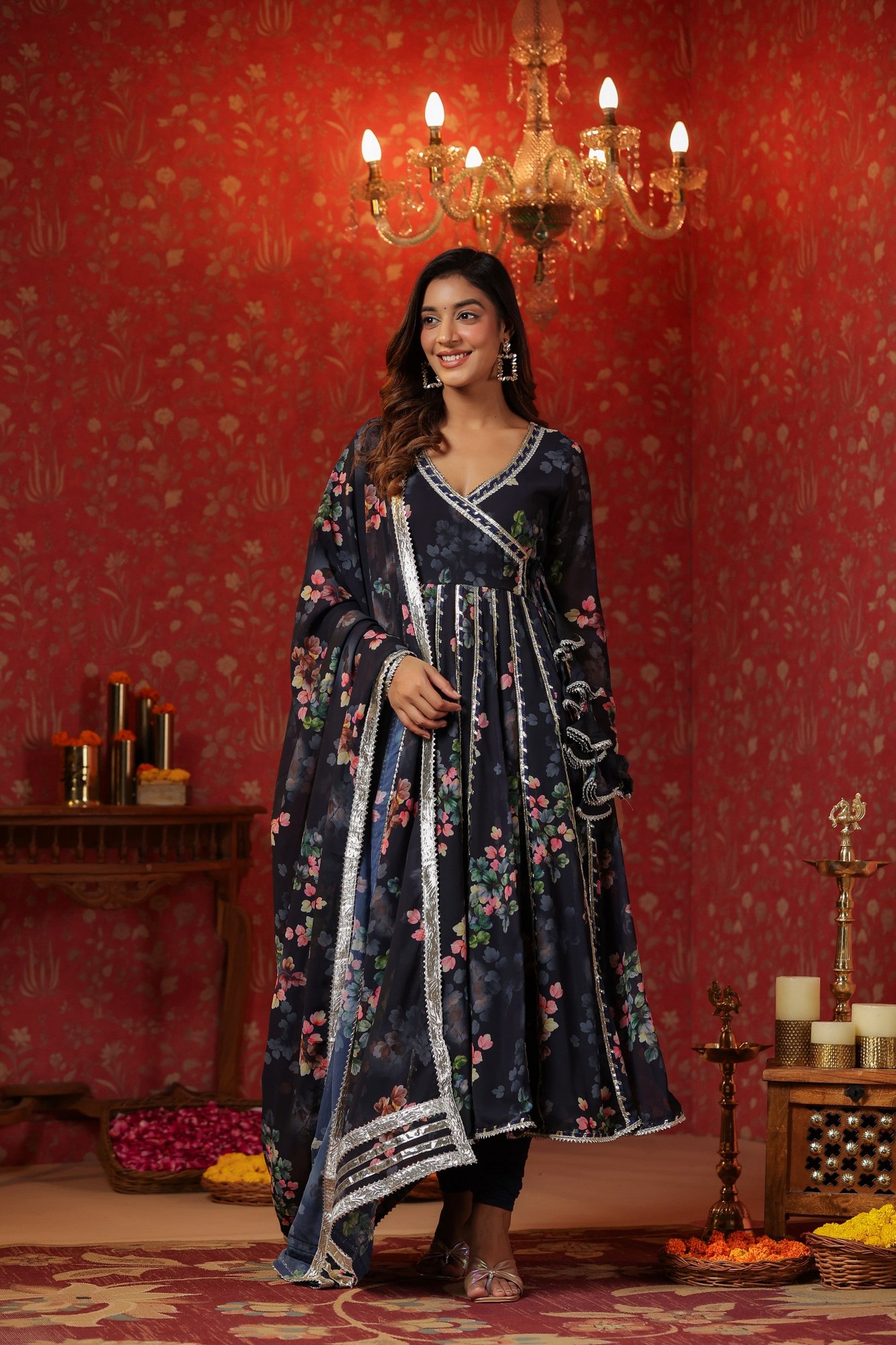 Blue Angrakha Georgette Anarkali Suit Set With Gota Work