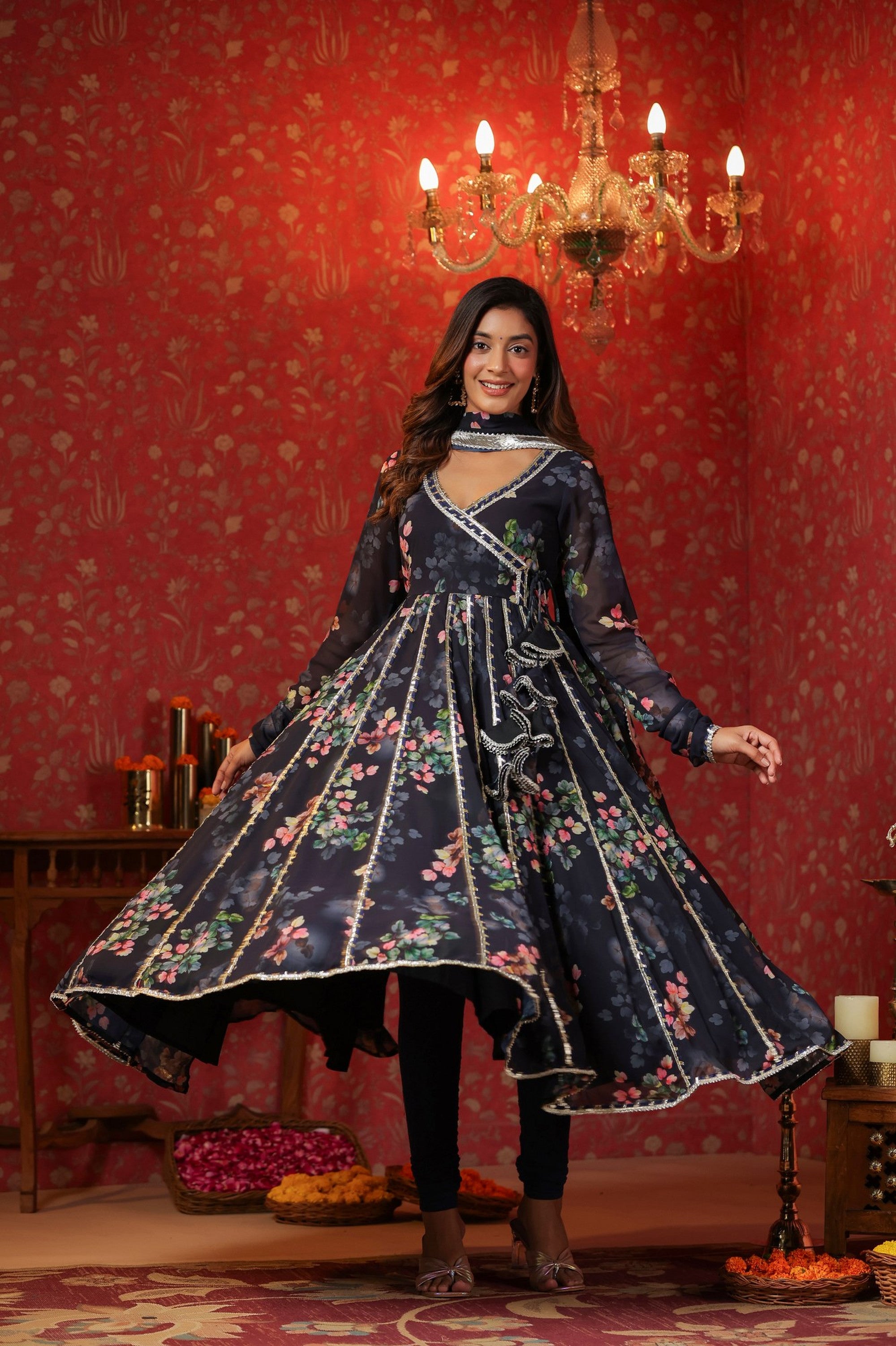 Blue Angrakha Georgette Anarkali Suit Set With Gota Work