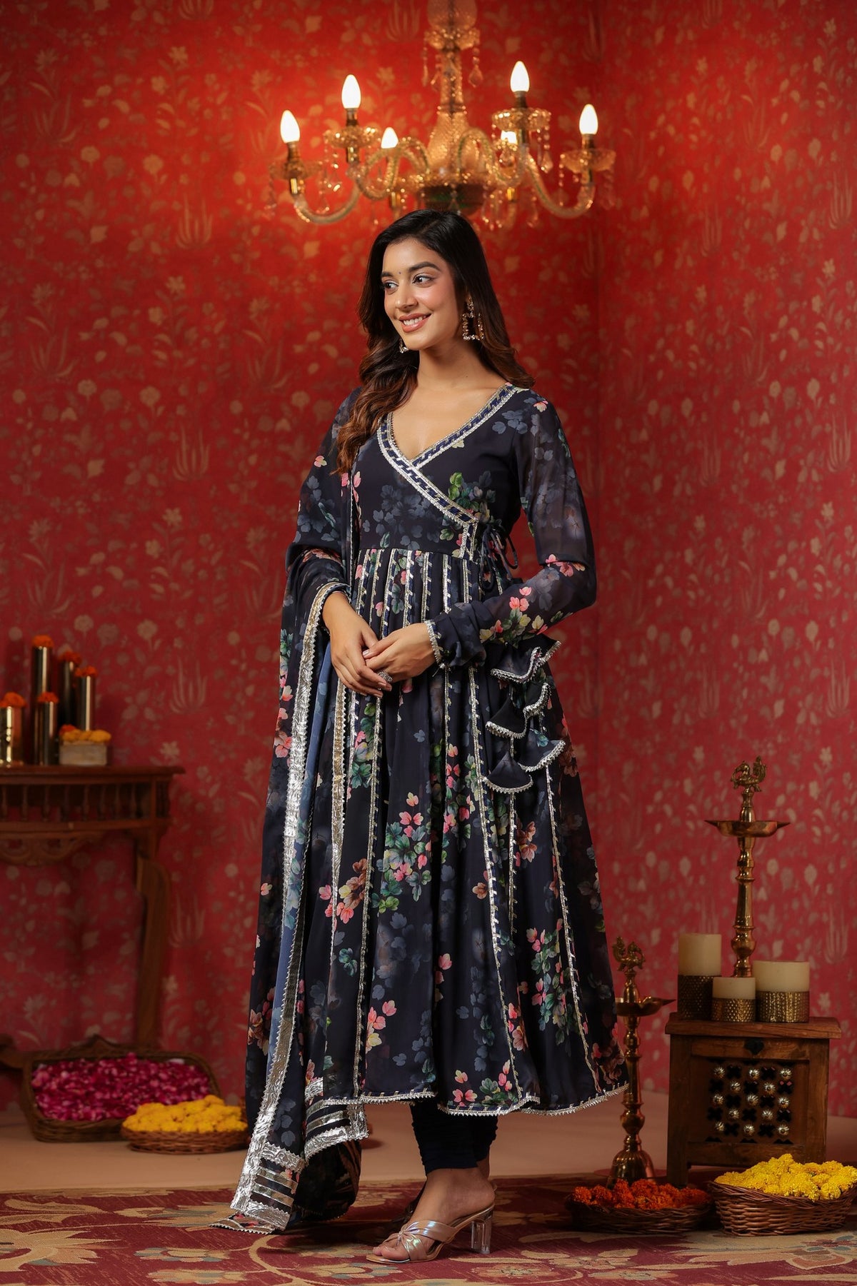 Blue Angrakha Georgette Anarkali Suit Set With Gota Work