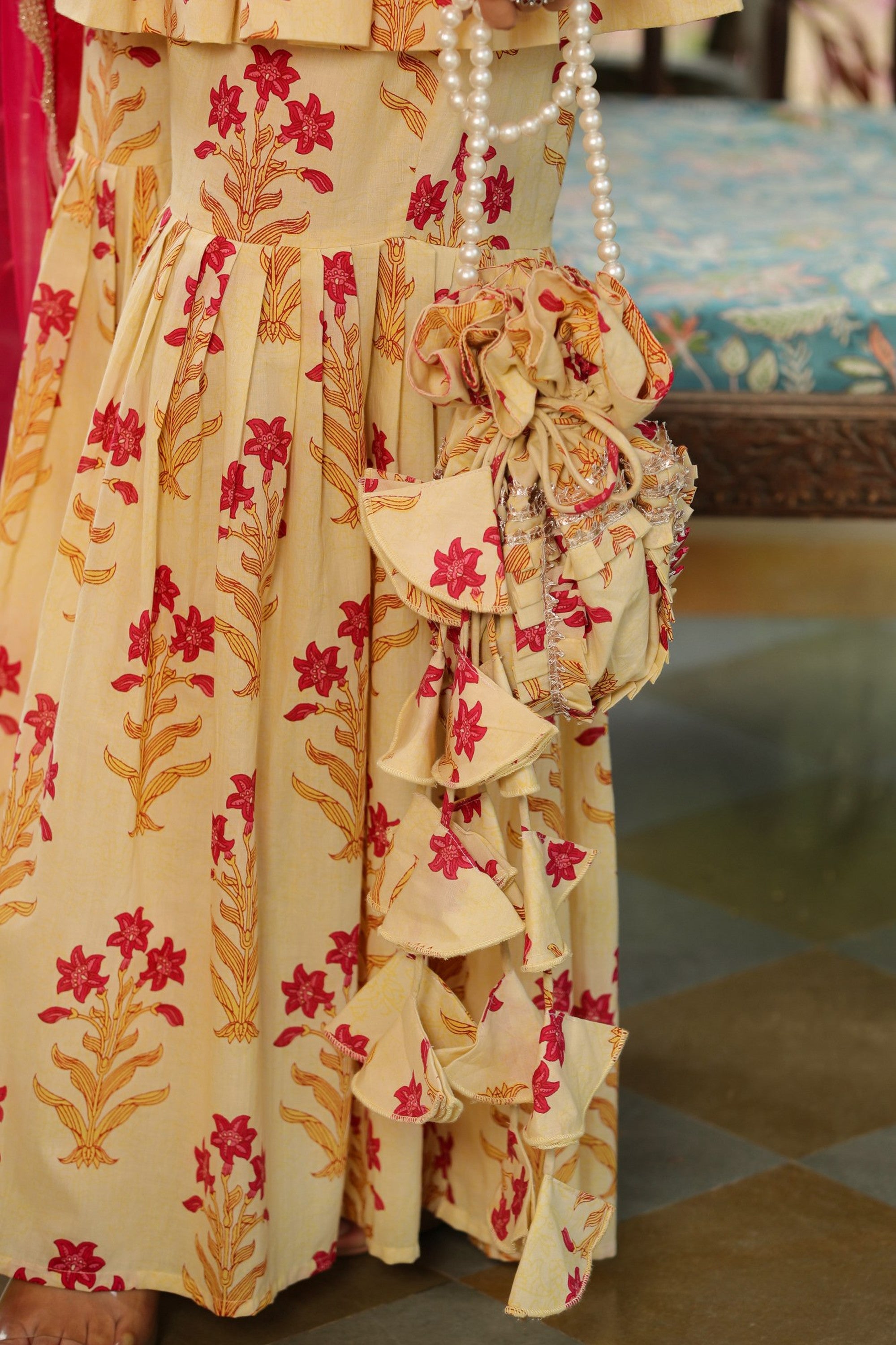 Cream Pink Printed Cotton Sharara Set - Set Of 3