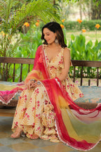 Cream Pink Printed Cotton Sharara Set - Set Of 3