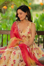 Cream Pink Printed Cotton Sharara Set - Set Of 3