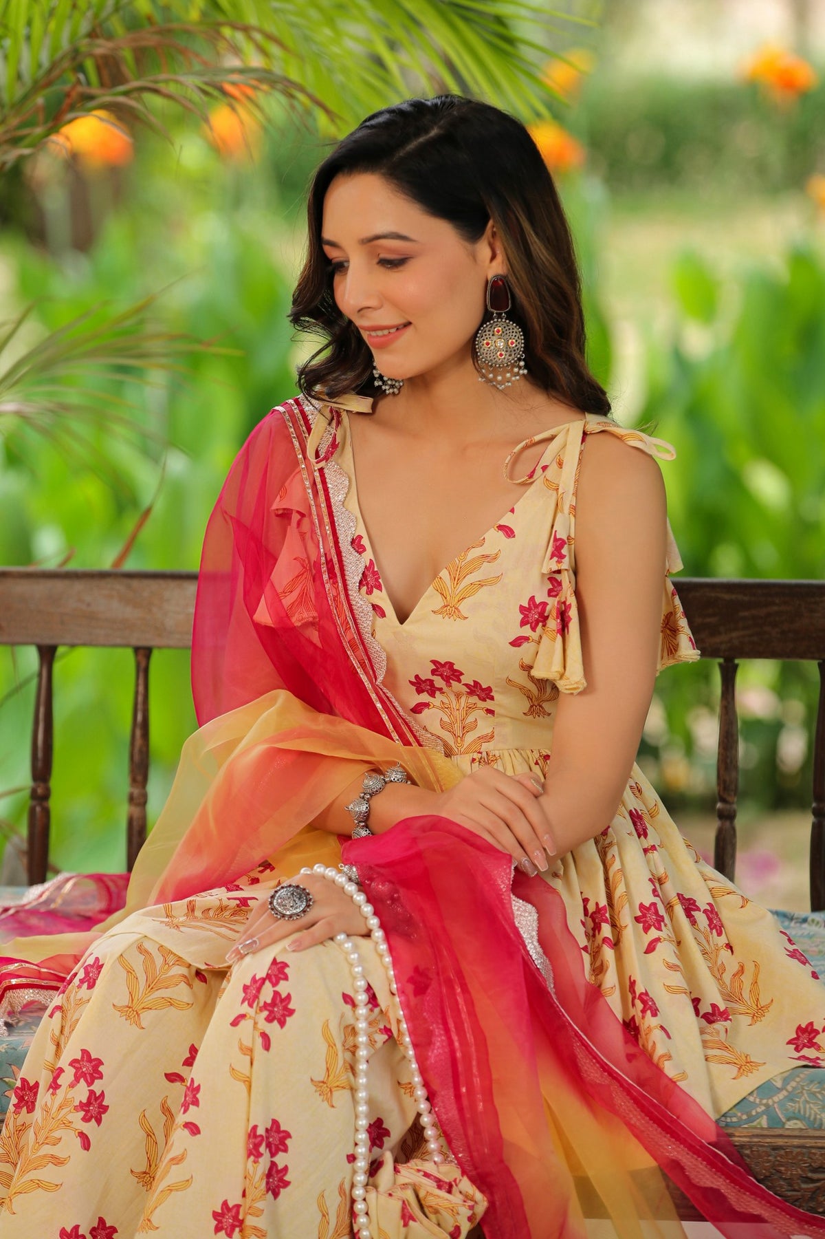 Cream Pink Printed Cotton Sharara Set - Set Of 3