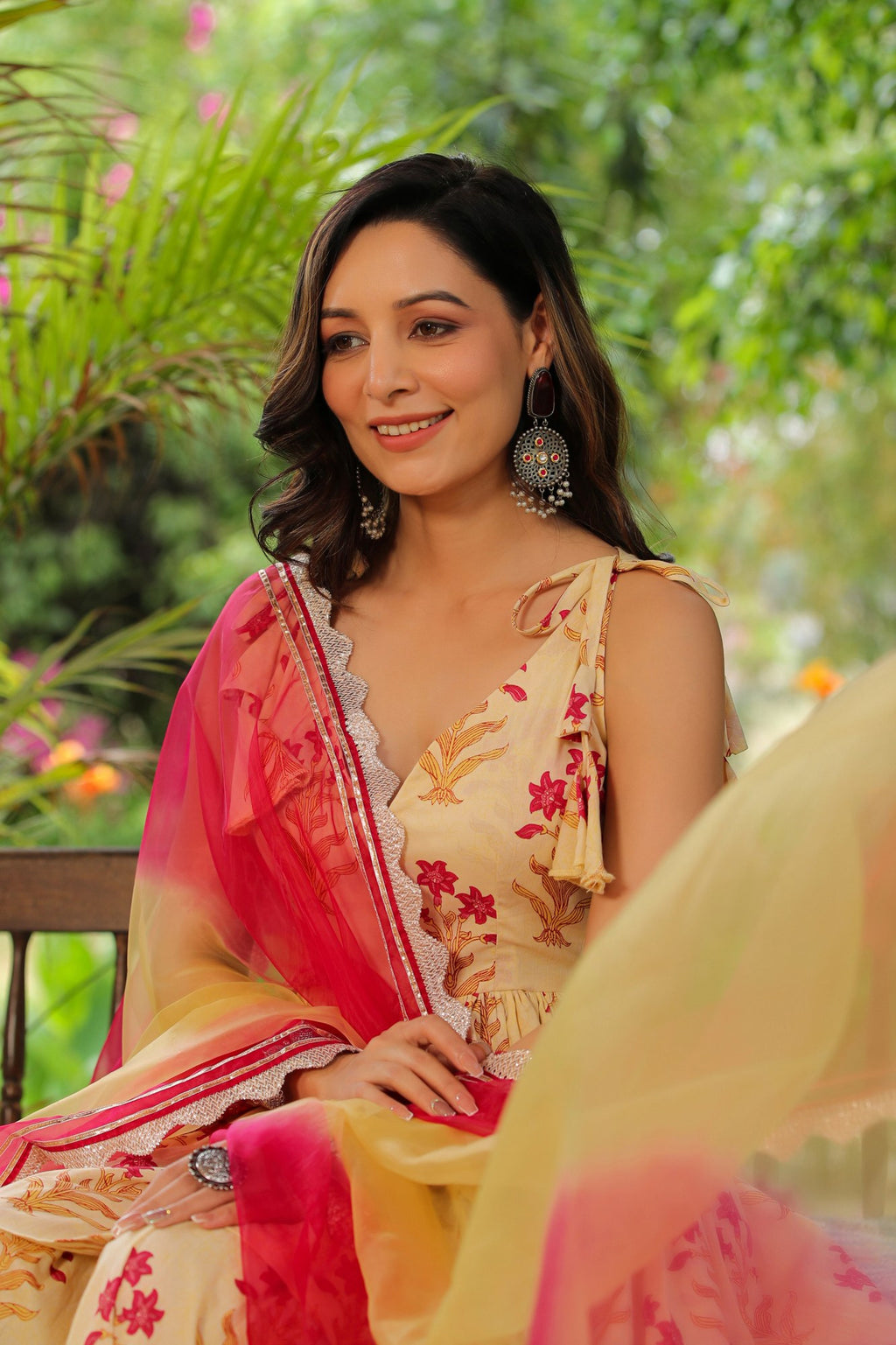Cream Pink Printed Cotton Sharara Set - Set Of 3