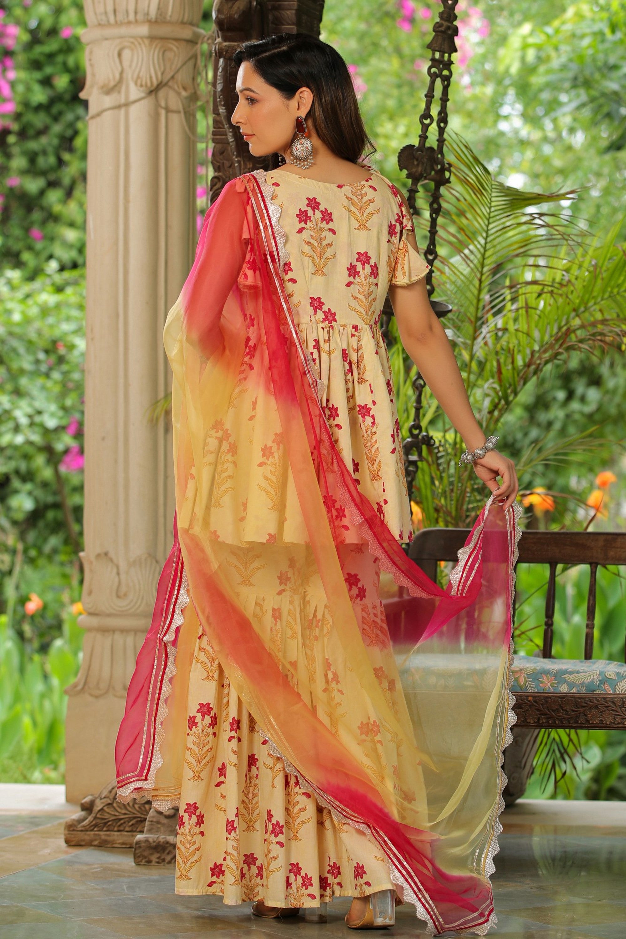 Cream Pink Printed Cotton Sharara Set - Set Of 3