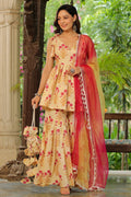 Cream Pink Printed Cotton Sharara Set - Set Of 3