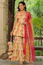 Cream Pink Printed Cotton Sharara Set - Set Of 3