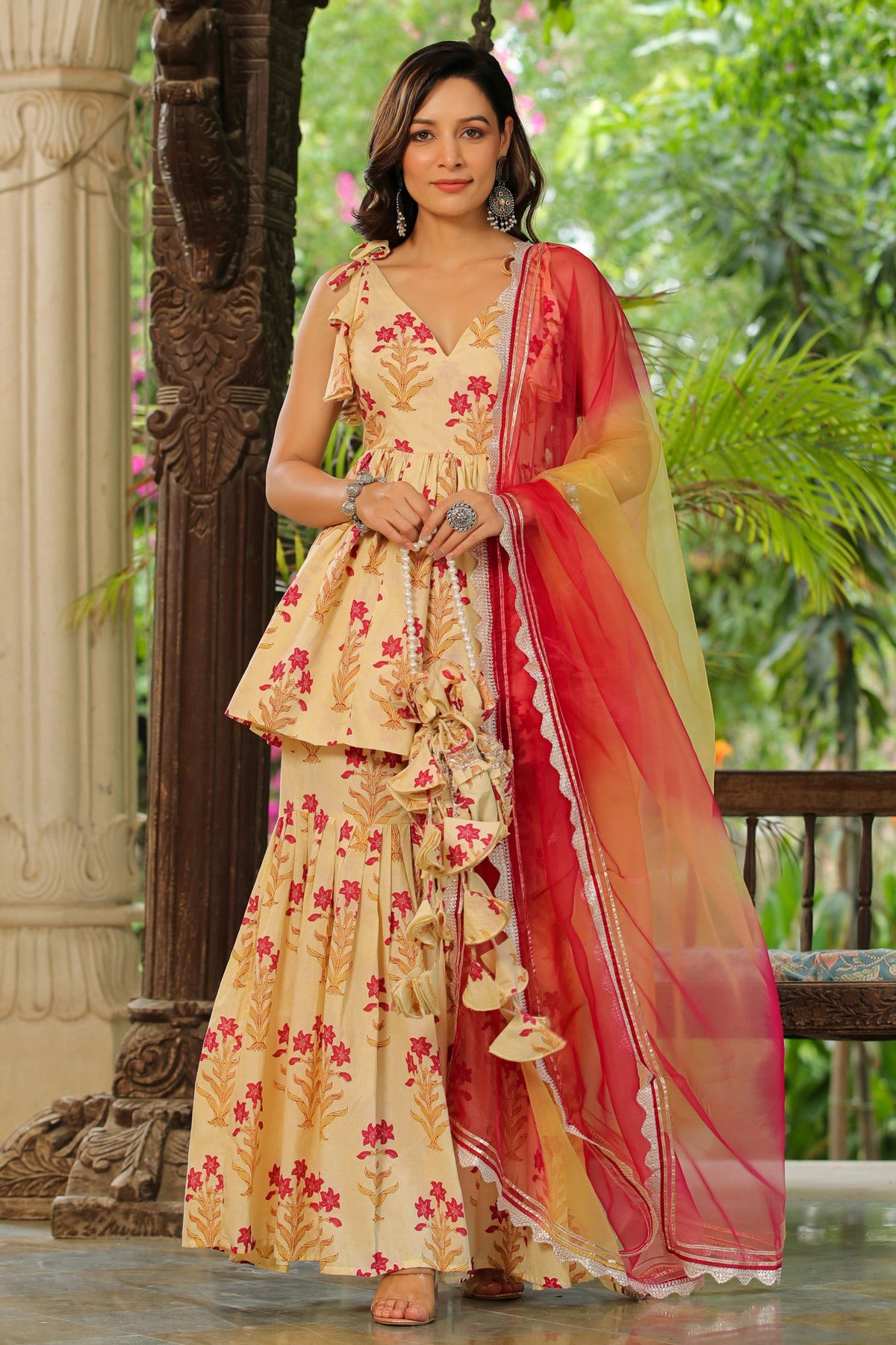 Cream Pink Printed Cotton Sharara Set - Set Of 3