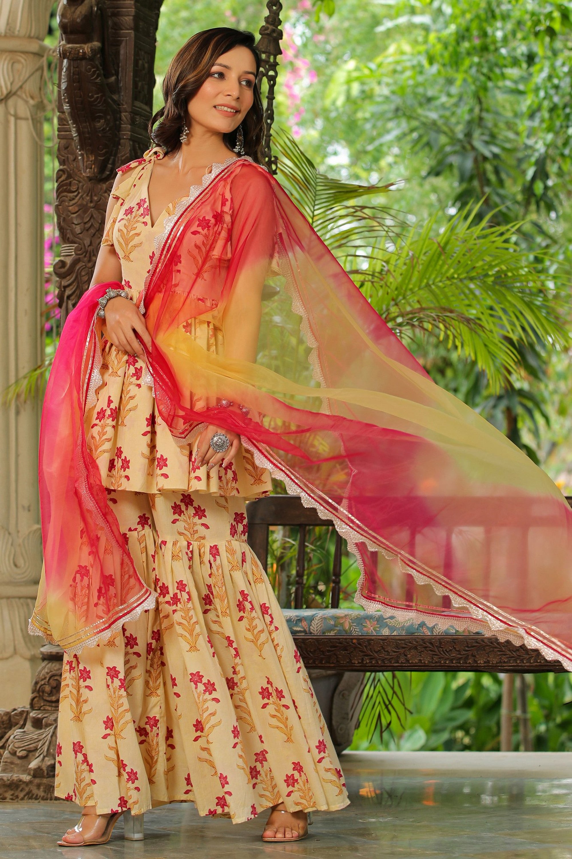 Cream Pink Printed Cotton Sharara Set - Set Of 3