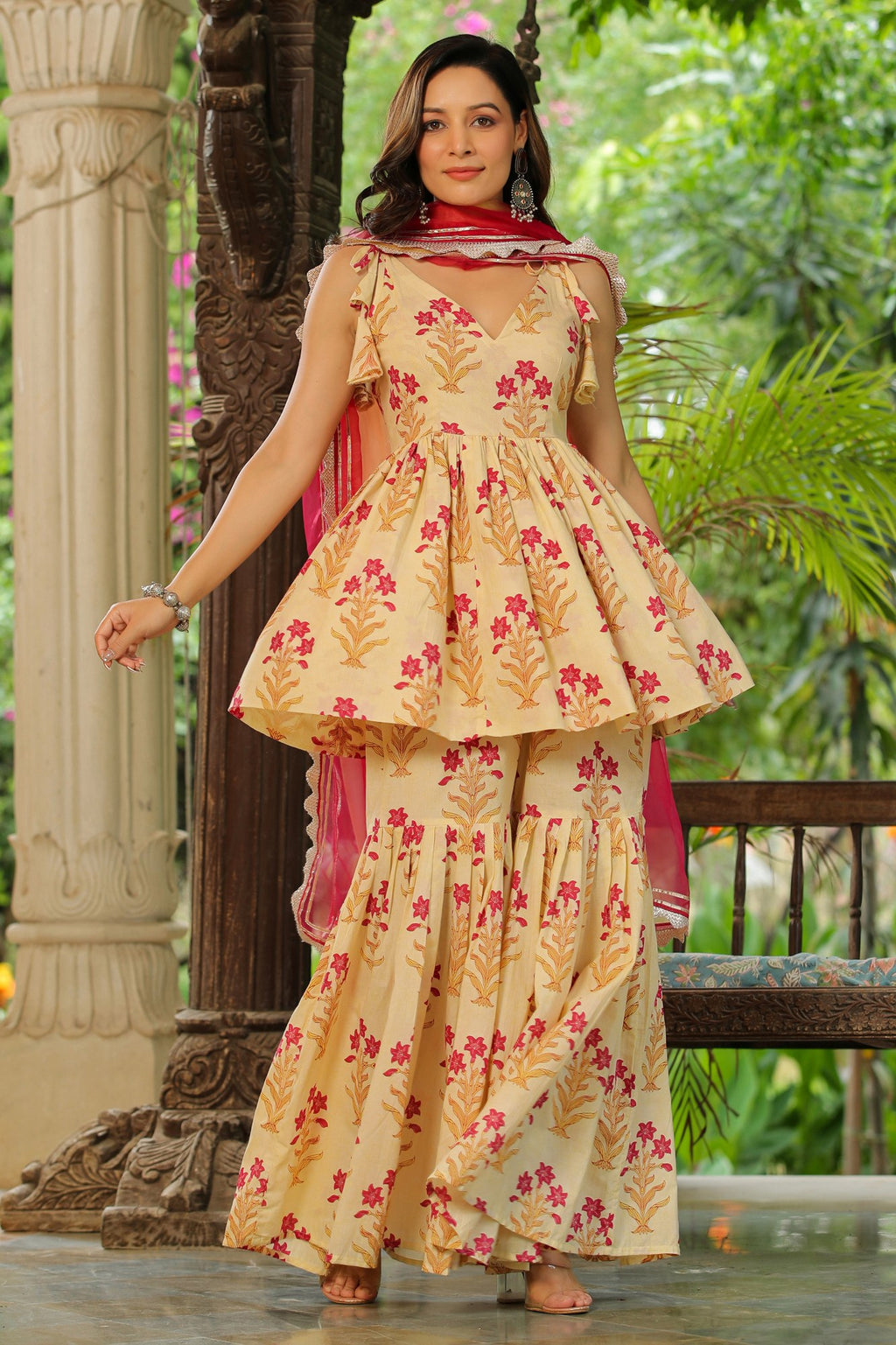Cream Pink Printed Cotton Sharara Set - Set Of 3