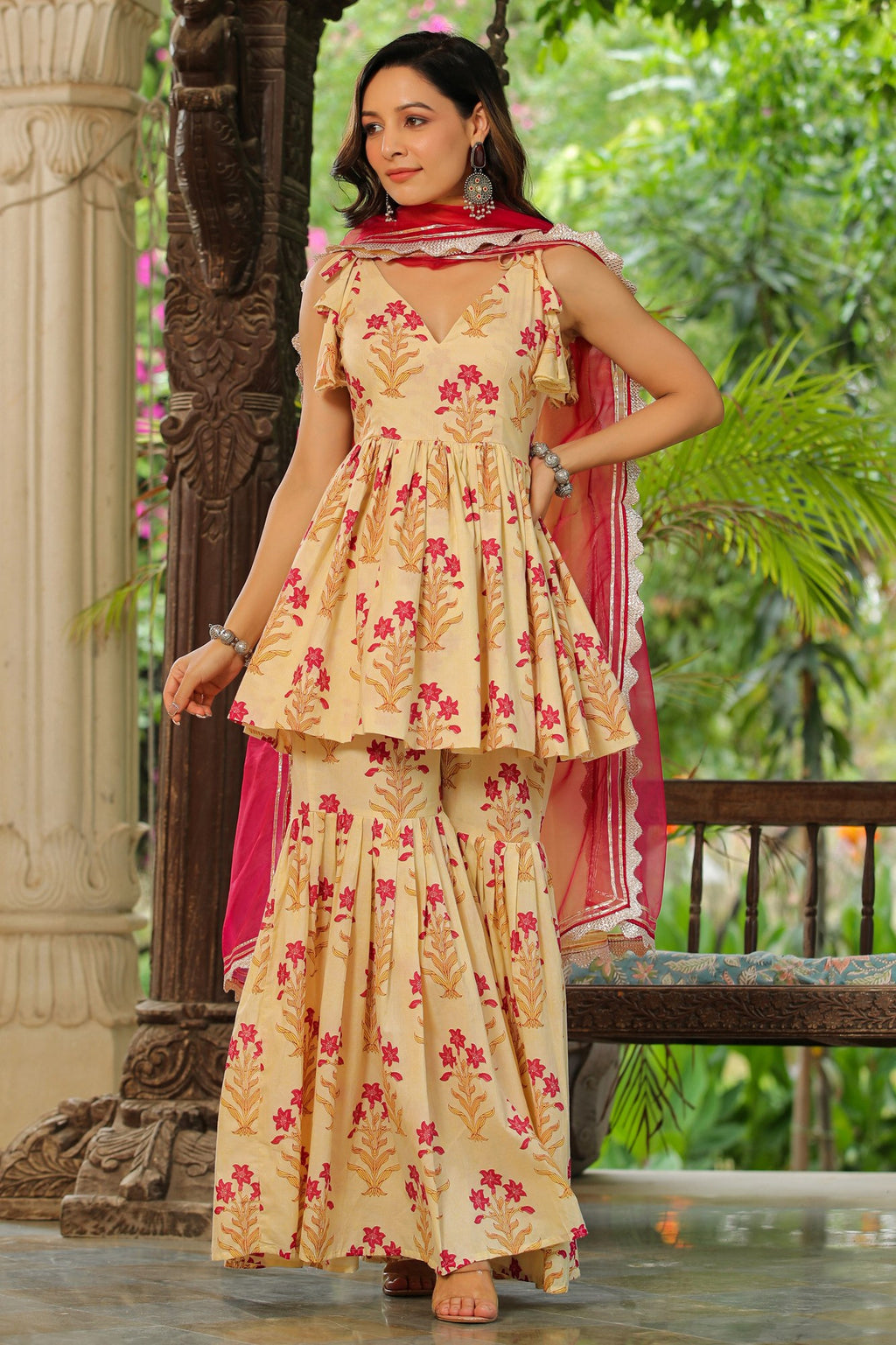 Cream Pink Printed Cotton Sharara Set - Set Of 3