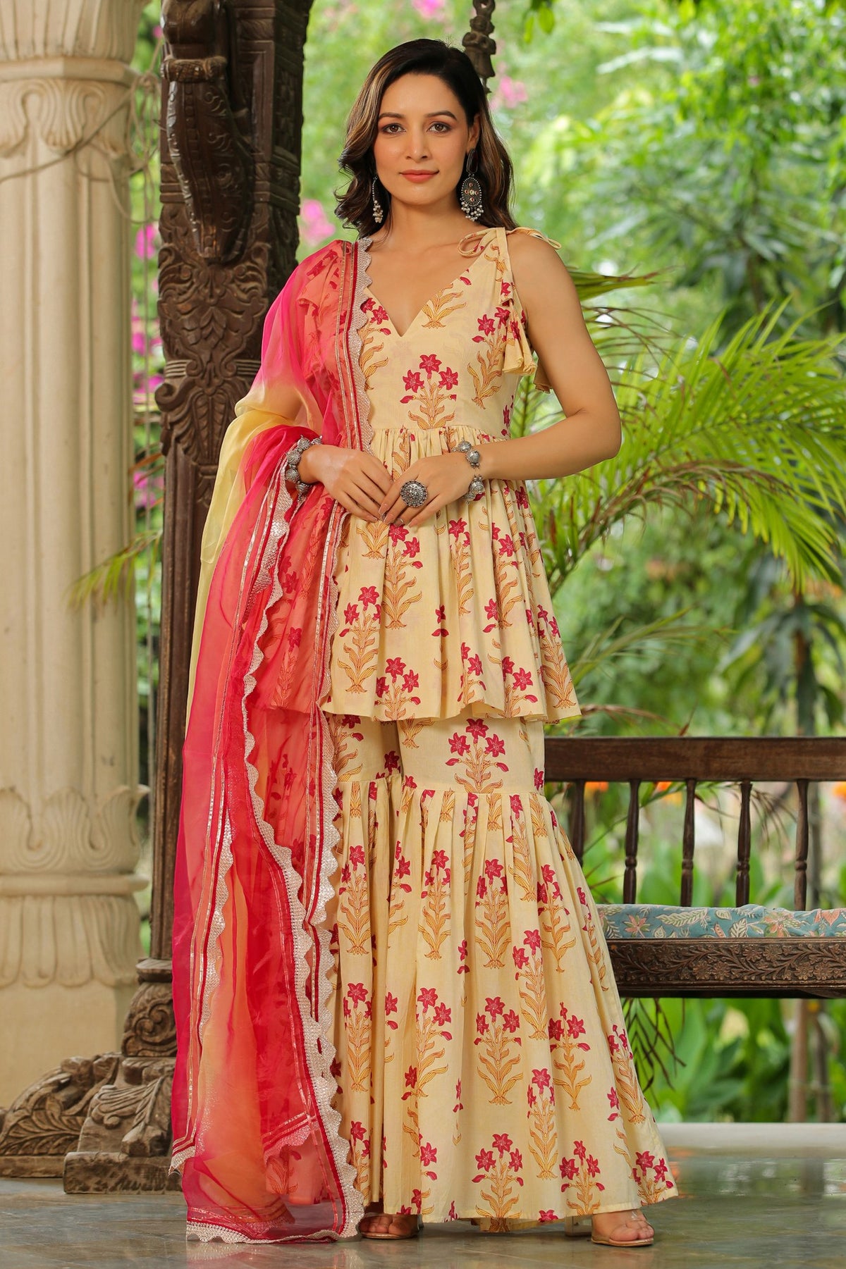 Cream Pink Printed Cotton Sharara Set - Set Of 3