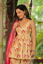 Cream Pink Printed Cotton Sharara Set - Set Of 3