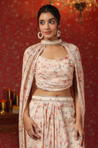 Cream Printed  Chinon Dhoti Skirt With Tie Up Duptta Set Of  3