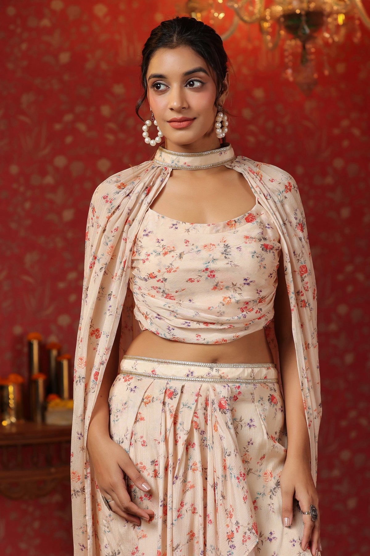 Cream Printed  Chinon Dhoti Skirt With Tie Up Duptta Set Of  3