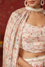 Cream Printed  Chinon Dhoti Skirt With Tie Up Duptta Set Of  3
