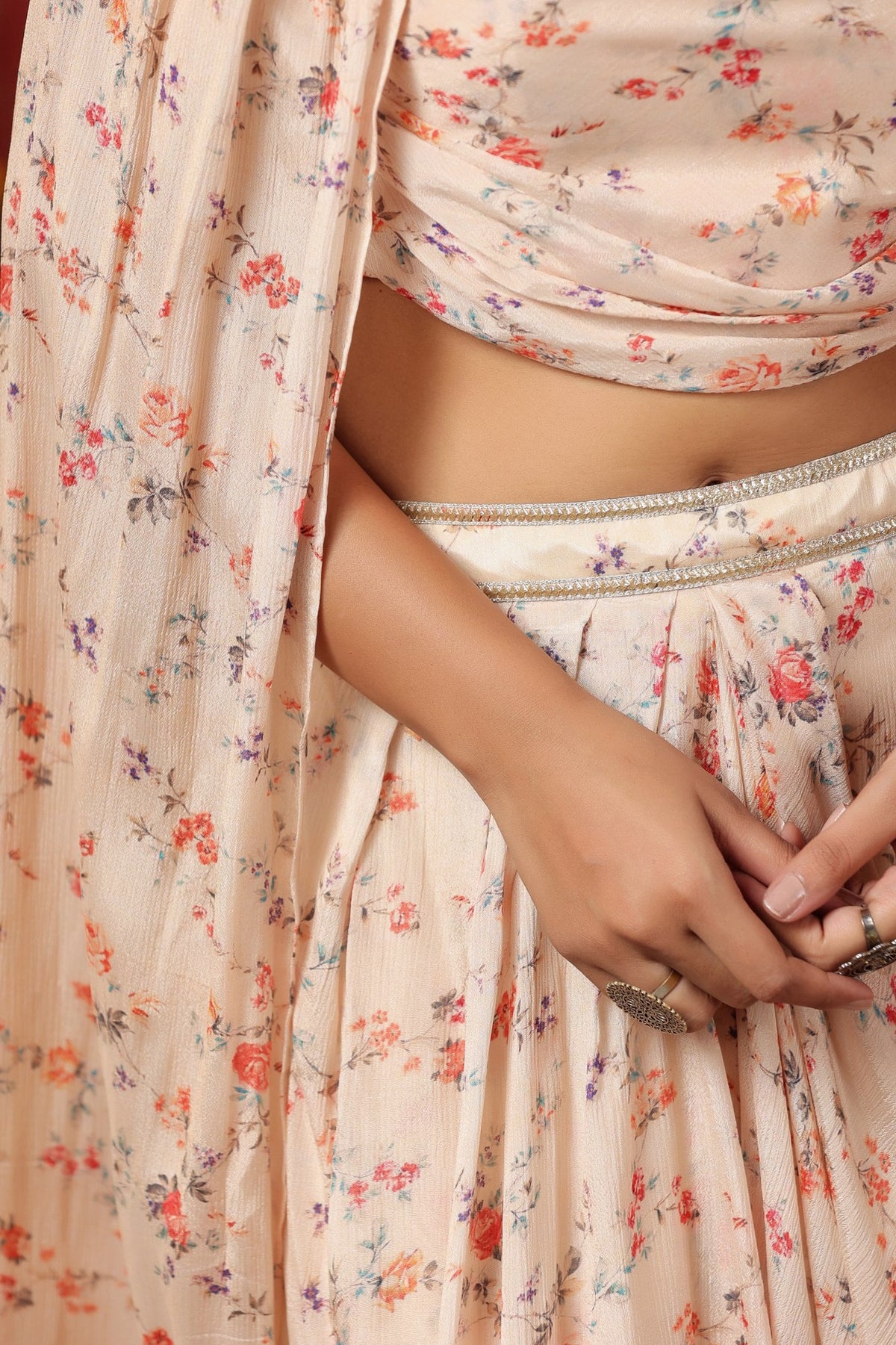 Cream Printed  Chinon Dhoti Skirt With Tie Up Duptta Set Of  3