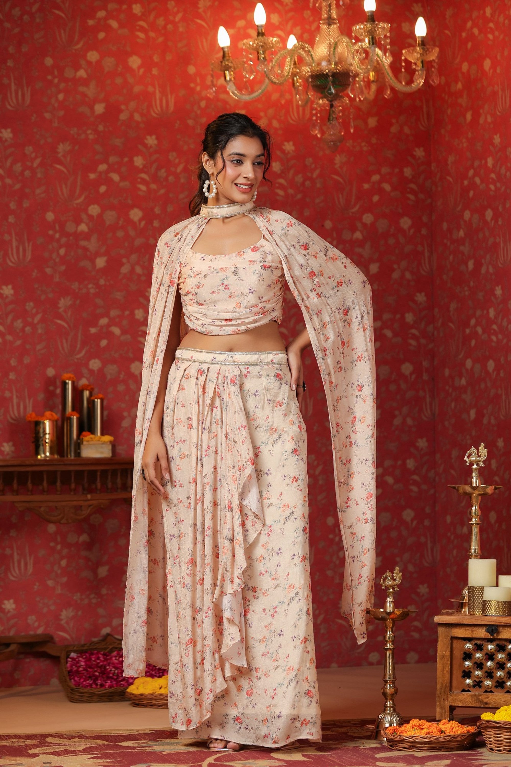 Cream Printed  Chinon Dhoti Skirt With Tie Up Duptta Set Of  3